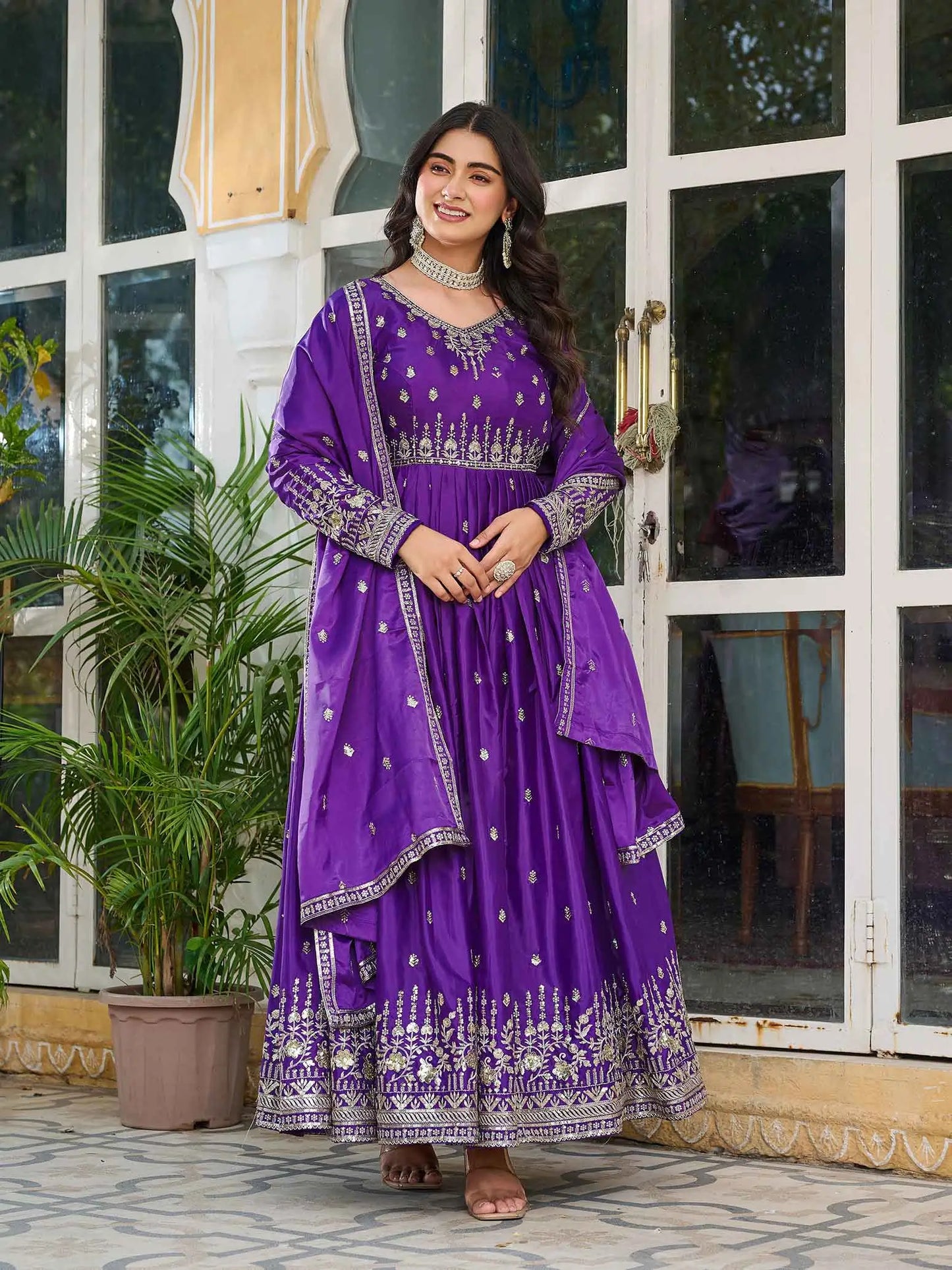Purple Silk Gown With Sequins Embroidery Work And Dupatta