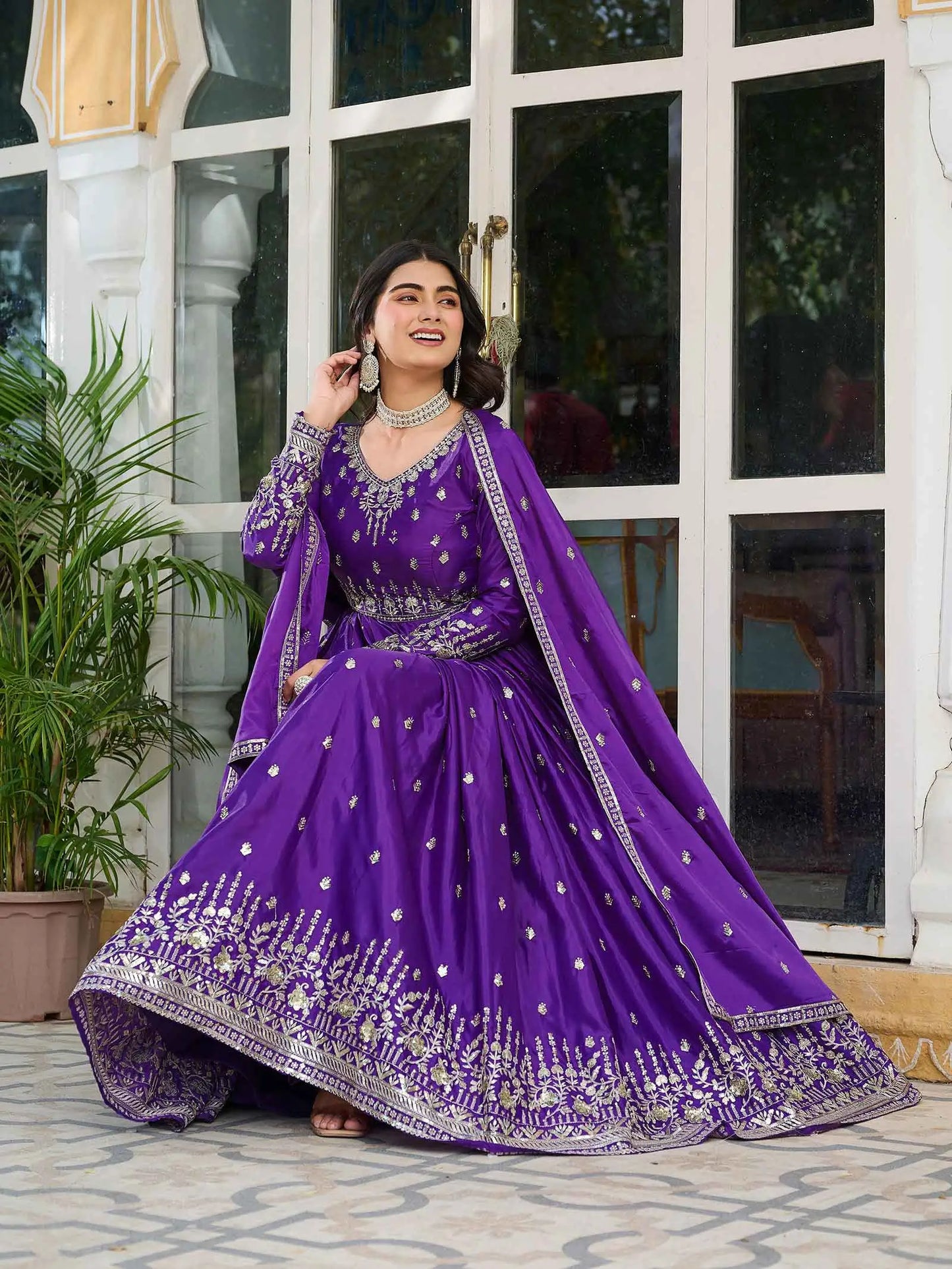Purple Silk Gown With Sequins Embroidery Work And Dupatta
