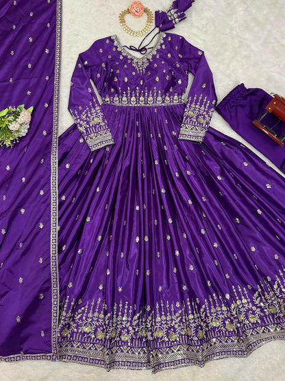 Purple Silk Gown With Sequins Embroidery Work And Dupatta