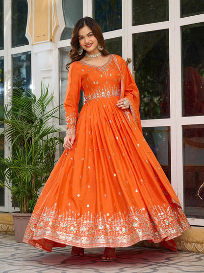 Fanta Orange Silk Gown With Sequins Embroidery Work And Dupatta