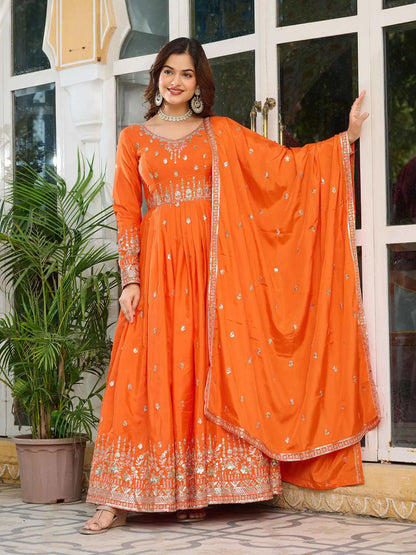 Fanta Orange Silk Gown With Sequins Embroidery Work And Dupatta