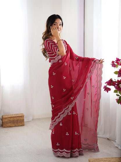 Red Maroon Sequins Embroidery Work Designer Saree