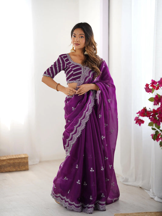 Grape Purple Sequins Embroidery Work Designer Saree