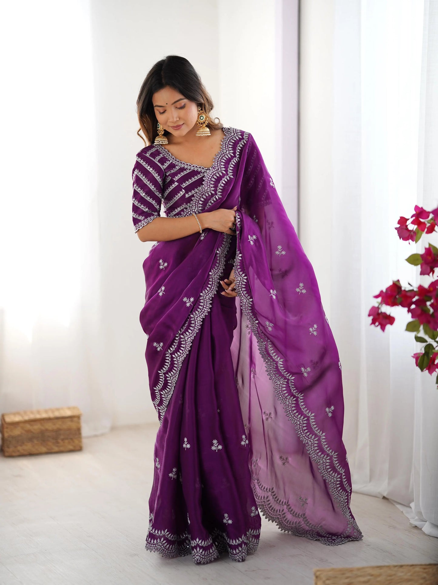 Grape Purple Sequins Embroidery Work Designer Saree
