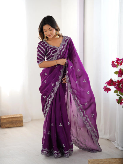 Grape Purple Sequins Embroidery Work Designer Saree