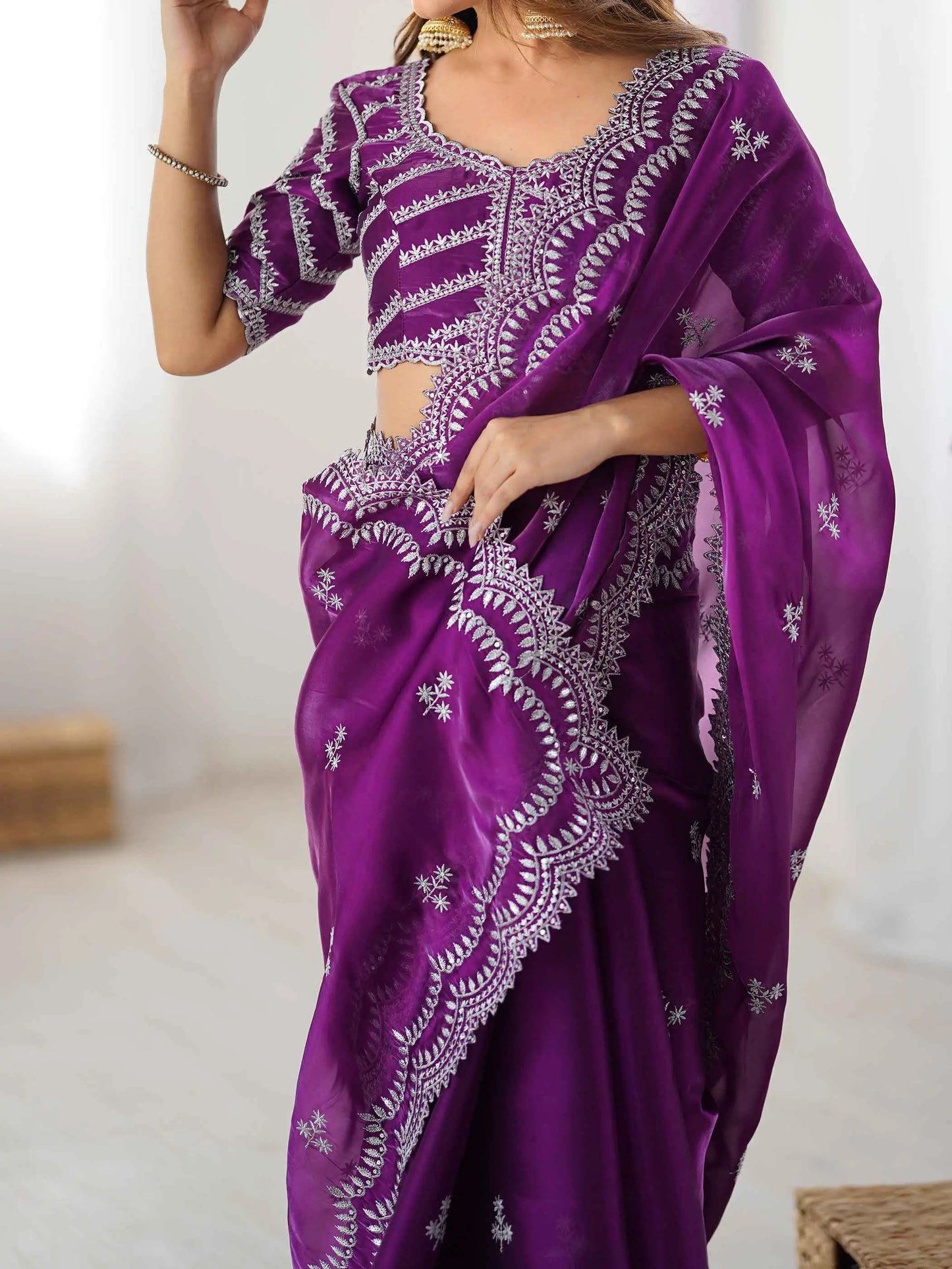 Grape Purple Sequins Embroidery Work Designer Saree