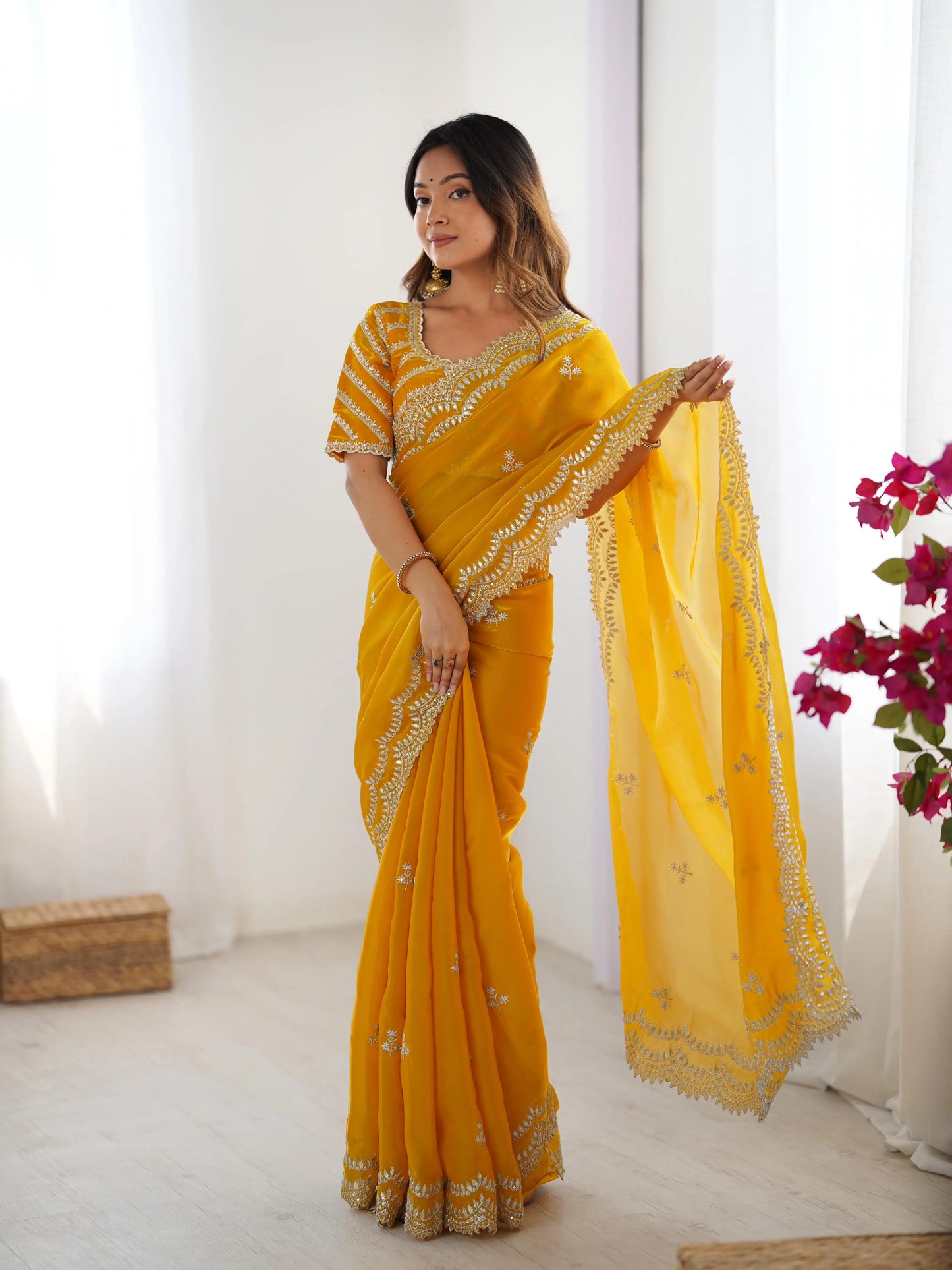 Shiny Yellow Designer Sequins Embroidery Work Saree