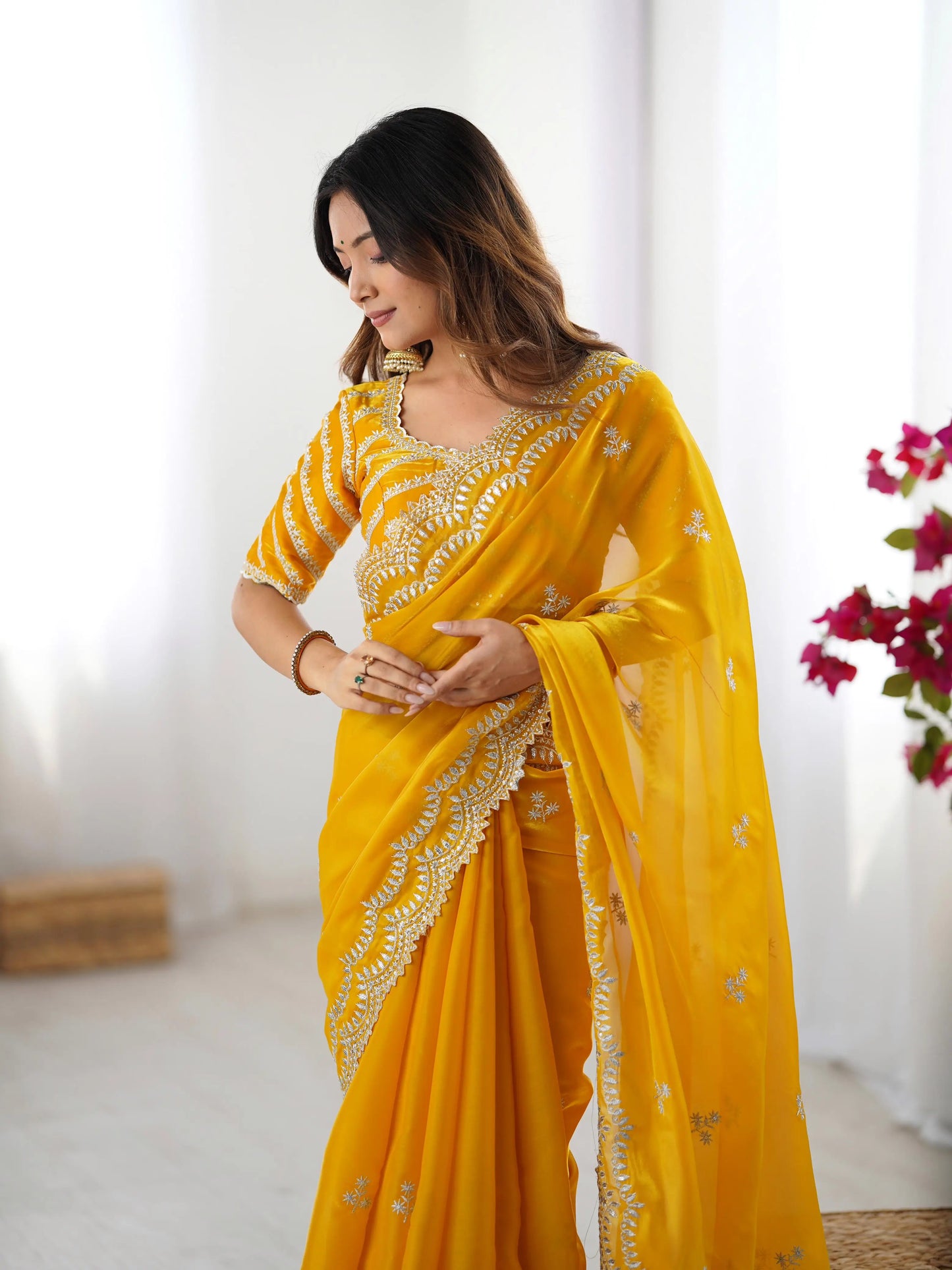 Shiny Yellow Designer Sequins Embroidery Work Saree