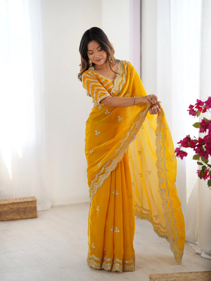 Shiny Yellow Designer Sequins Embroidery Work Saree