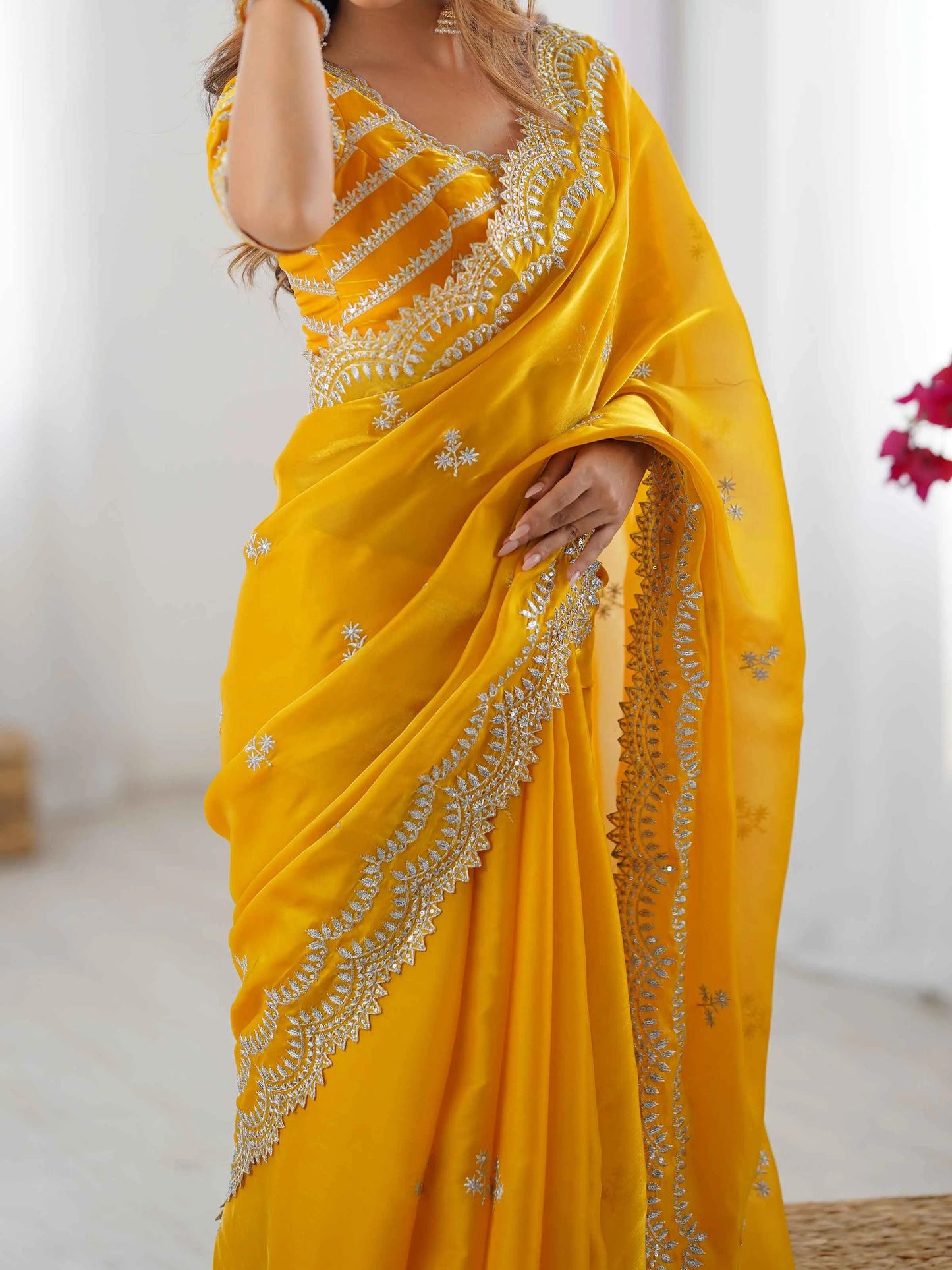 Shiny Yellow Designer Sequins Embroidery Work Saree