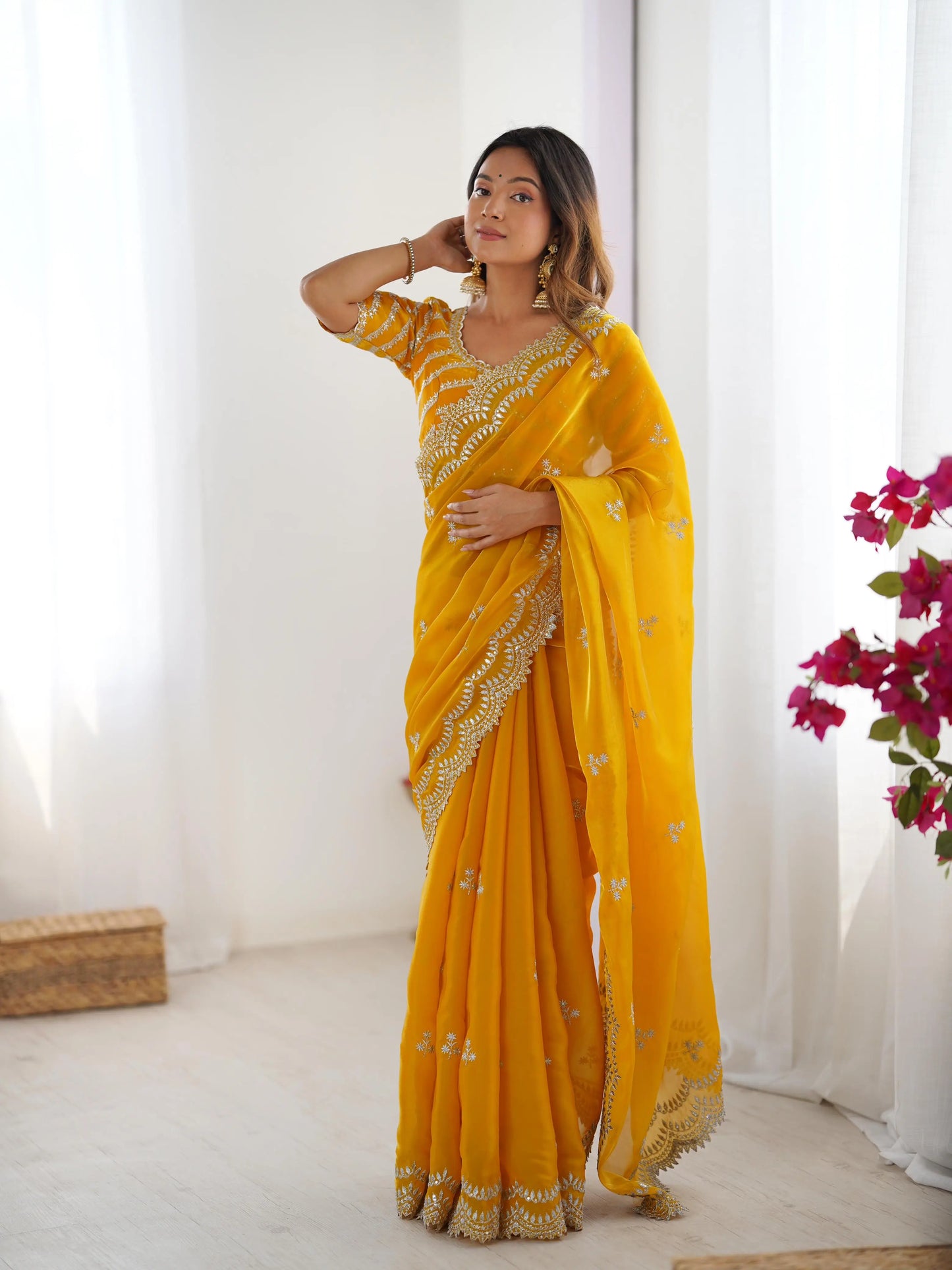 Shiny Yellow Designer Sequins Embroidery Work Saree