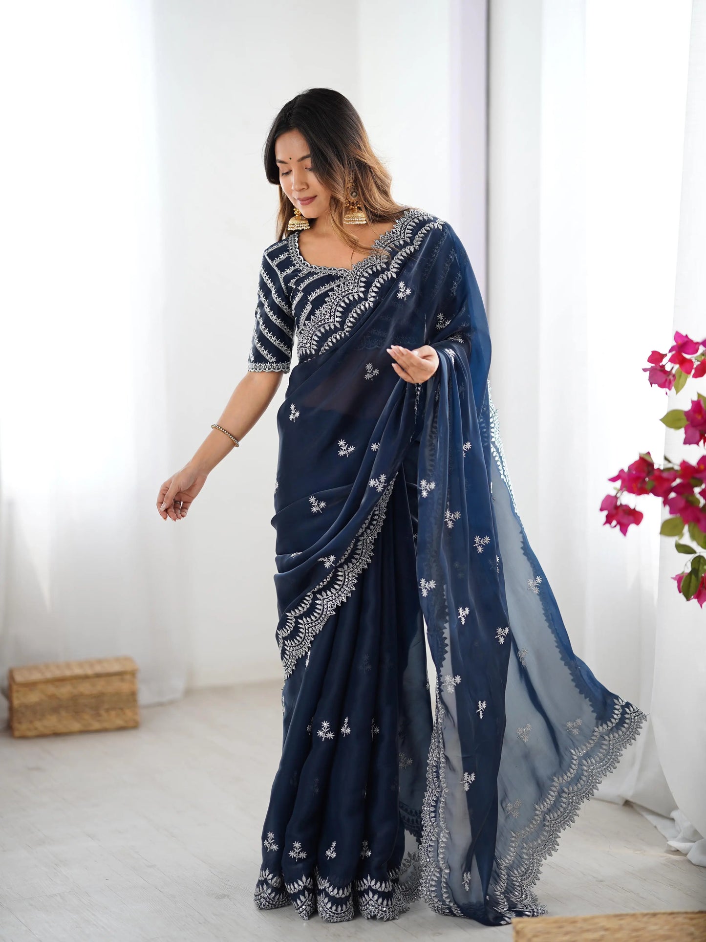 Navy Blue Sequins Embroidery Work Designer Saree