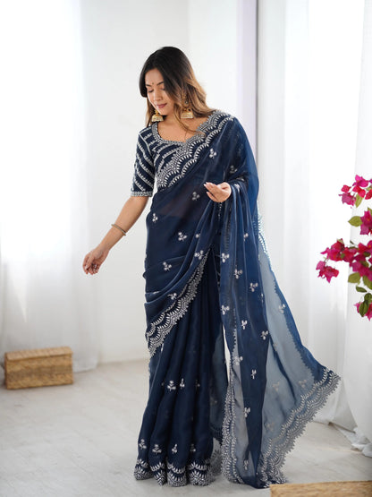 Navy Blue Sequins Embroidery Work Designer Saree