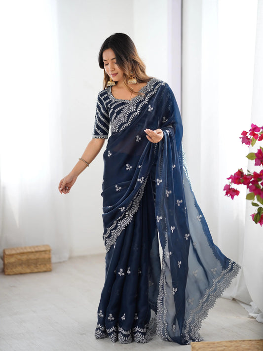 Navy Blue Sequins Embroidery Work Designer Saree