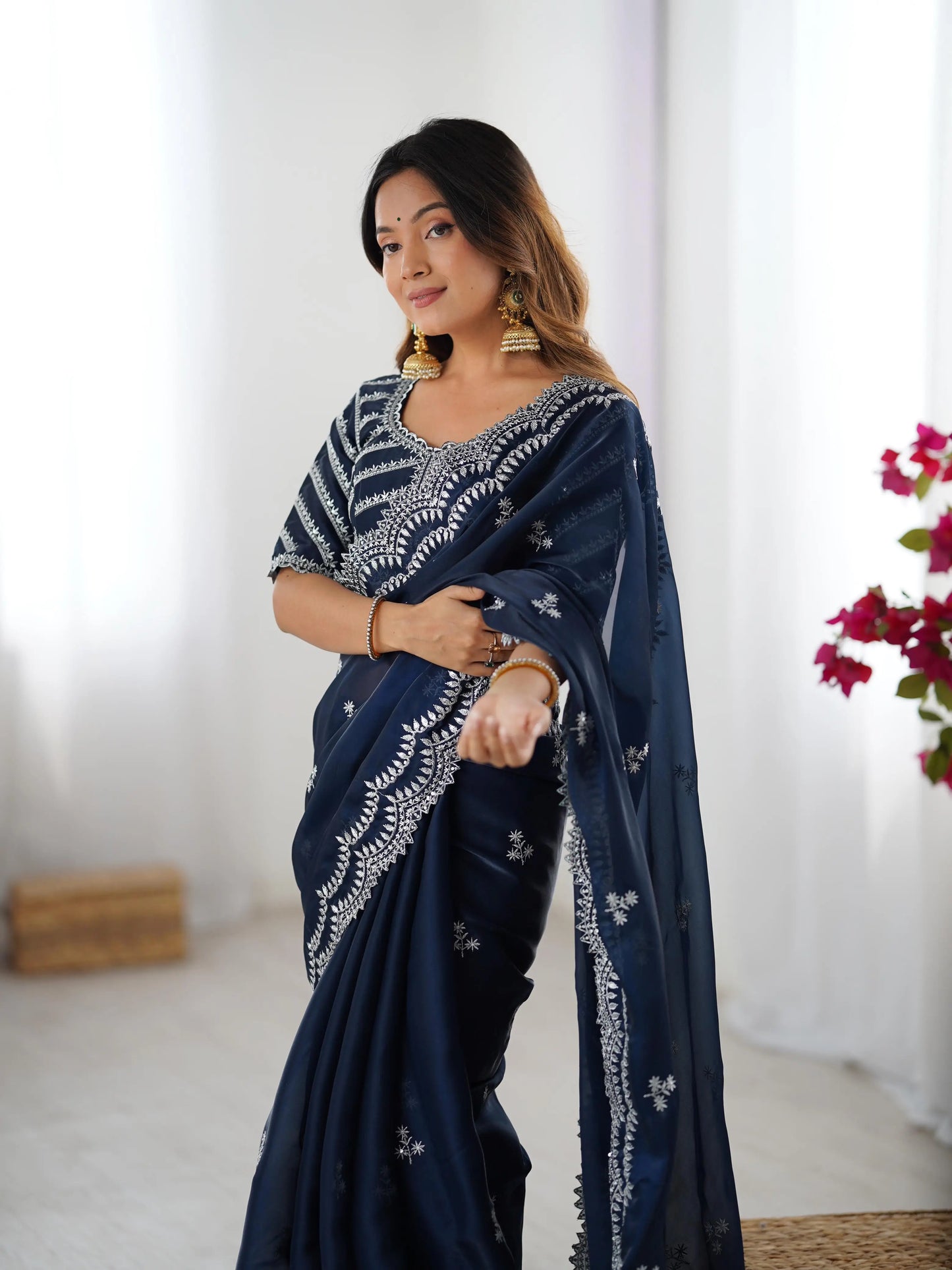 Navy Blue Sequins Embroidery Work Designer Saree