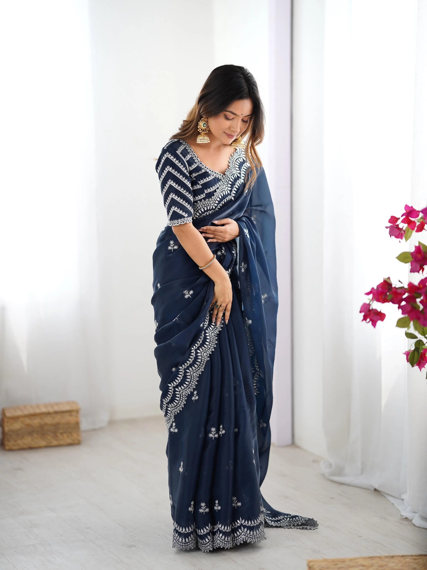 Navy Blue Sequins Embroidery Work Designer Saree
