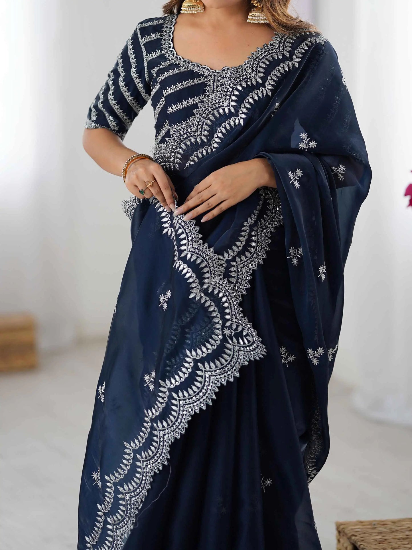 Navy Blue Sequins Embroidery Work Designer Saree