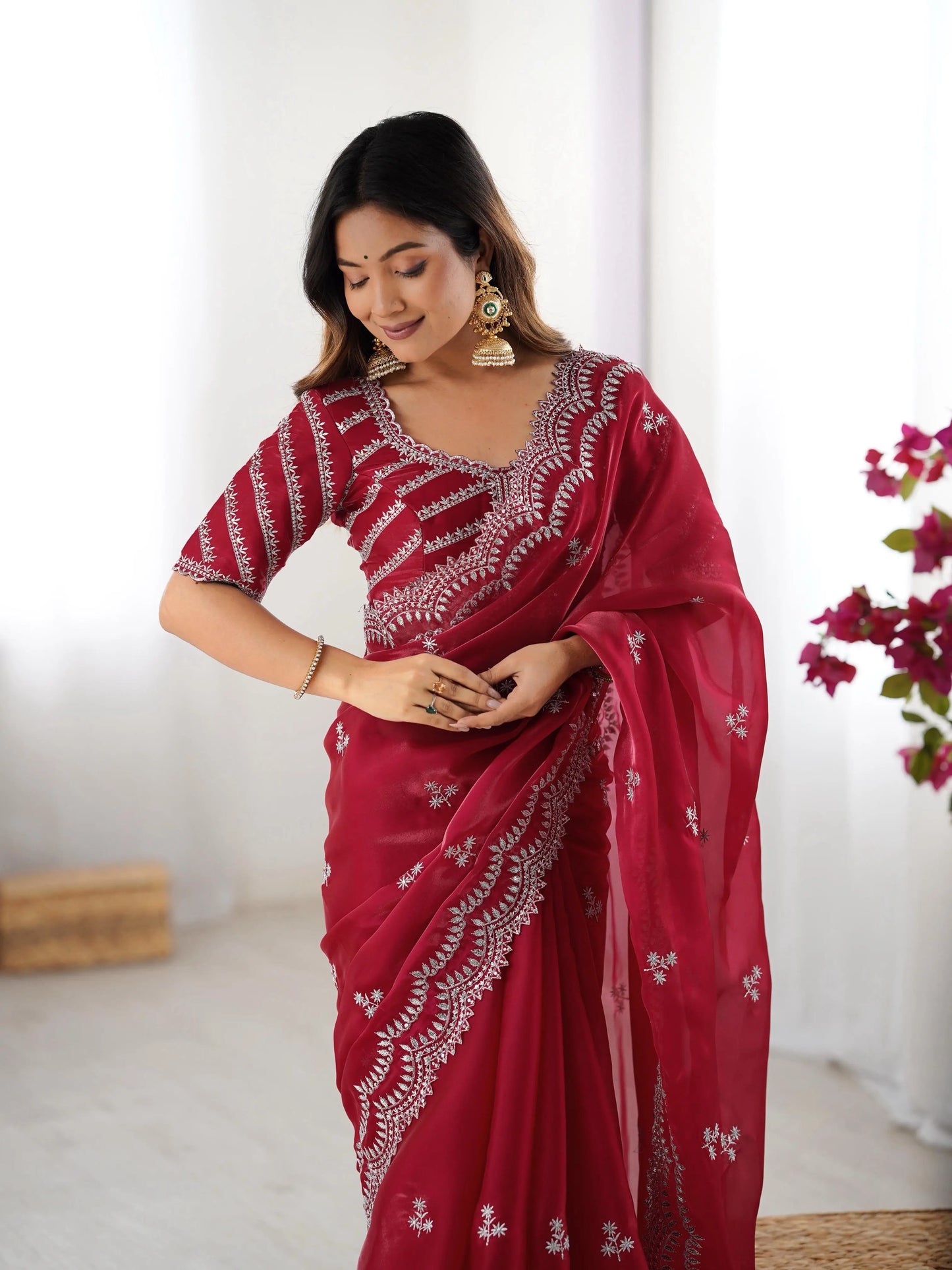 Red Maroon Sequins Embroidery Work Designer Saree