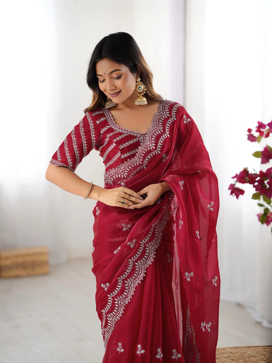 Red Maroon Sequins Embroidery Work Designer Saree