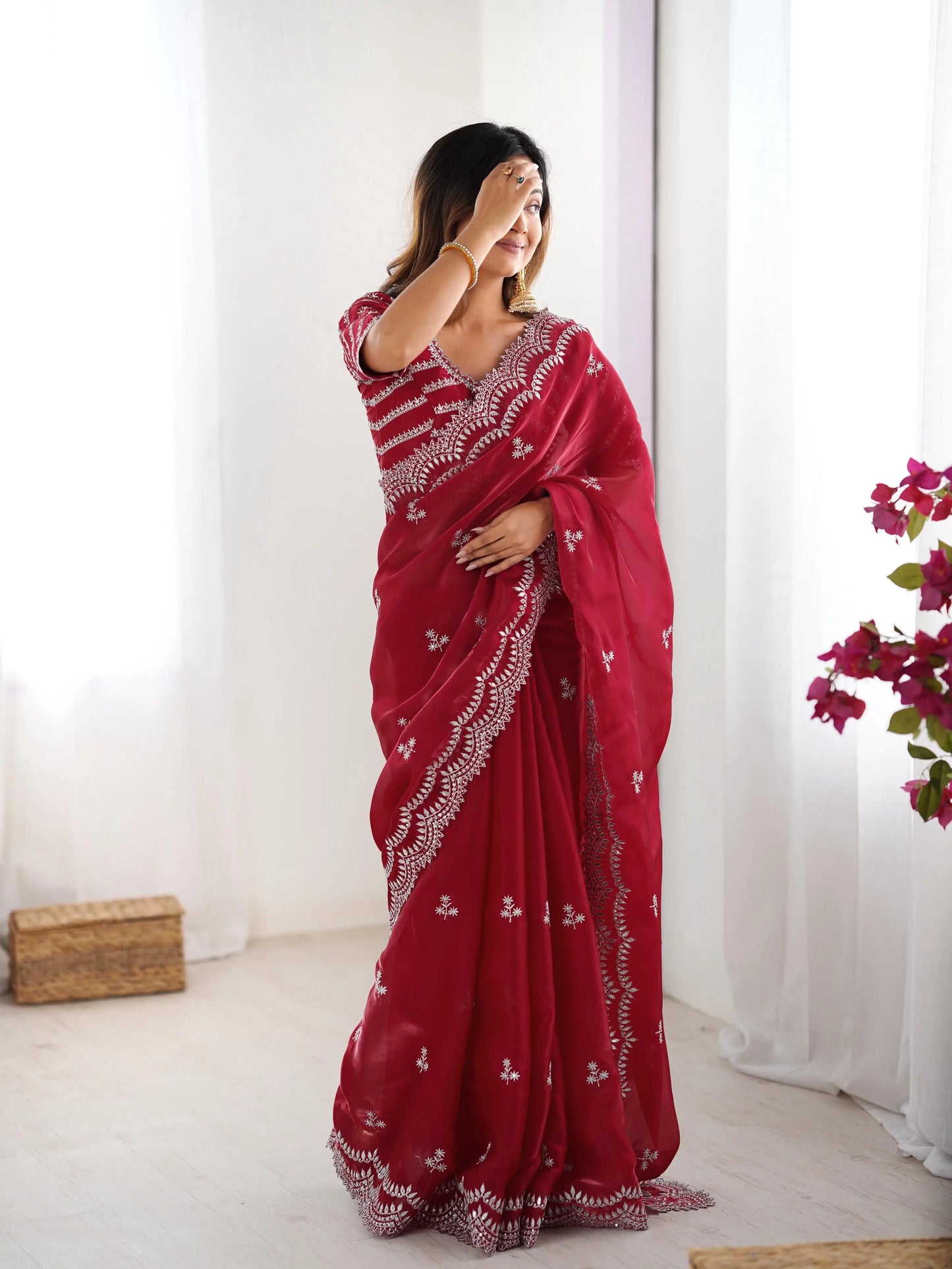 Red Maroon Sequins Embroidery Work Designer Saree