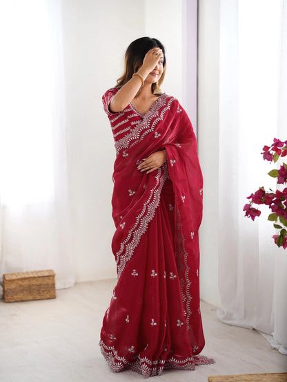 Red Maroon Sequins Embroidery Work Designer Saree