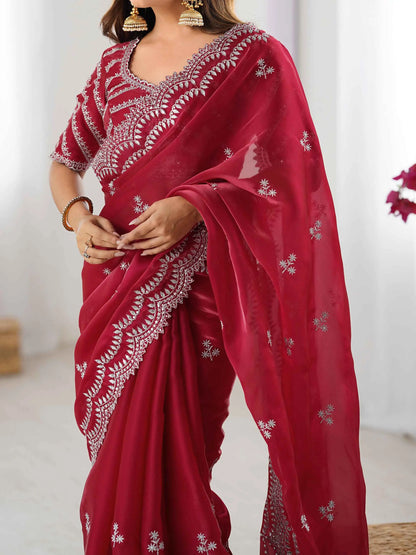 Red Maroon Sequins Embroidery Work Designer Saree