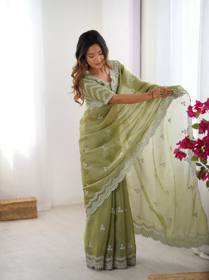 Greyish Olive Green Designer Sequins Embroidery Work Saree