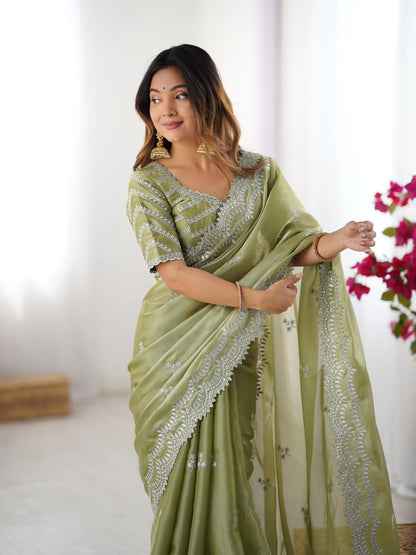 Greyish Olive Green Designer Sequins Embroidery Work Saree