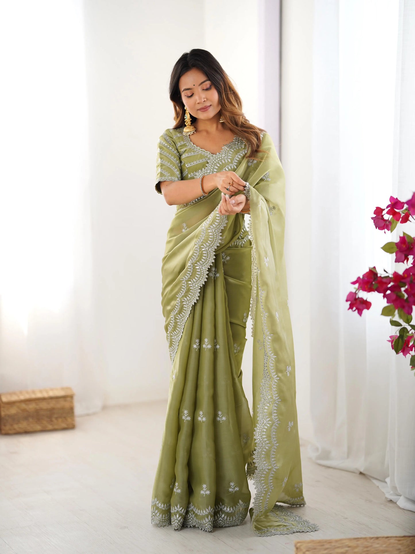 Greyish Olive Green Designer Sequins Embroidery Work Saree