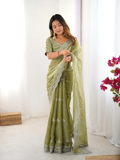 Greyish Olive Green Designer Sequins Embroidery Work Saree