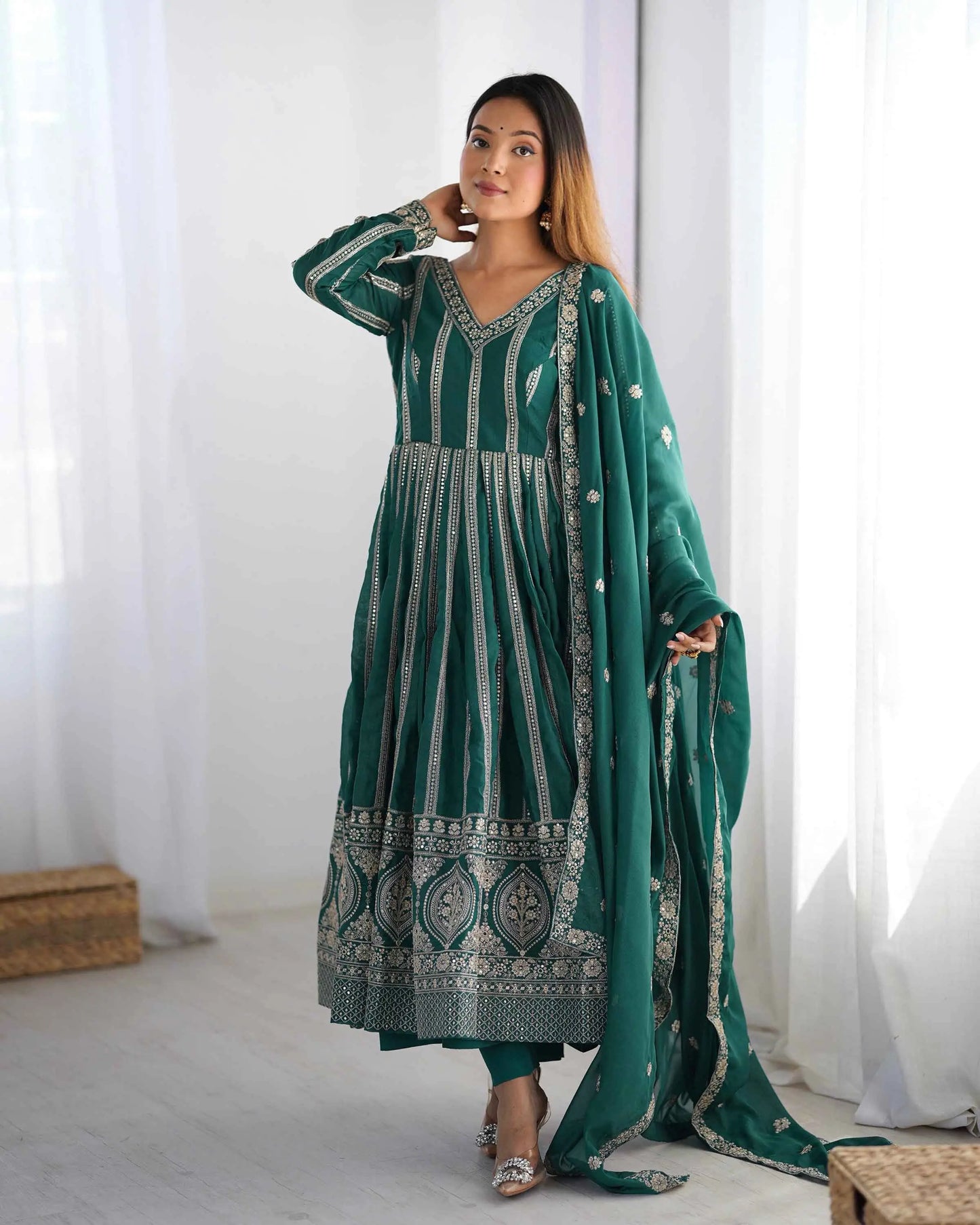 Greenish Blue Georgette Sequins Embroidery Work Gown And Dupatta