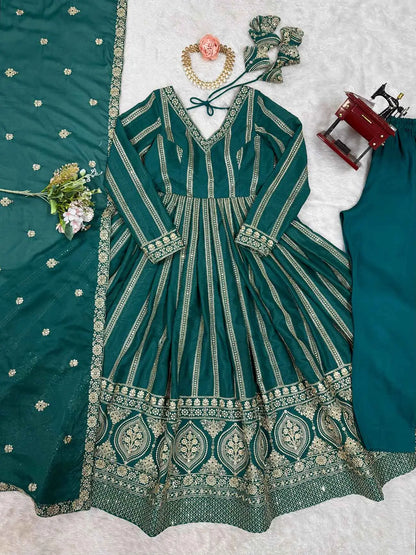 Greenish Blue Georgette Sequins Embroidery Work Gown And Dupatta