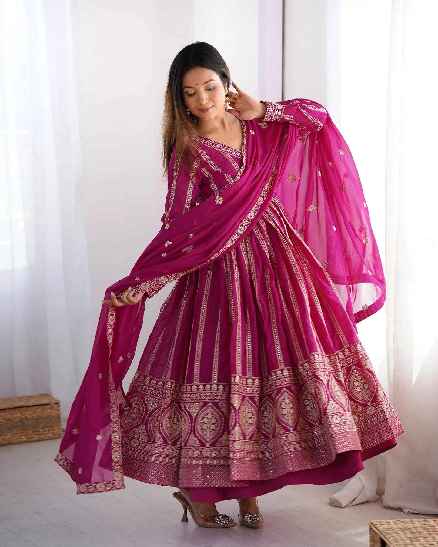 Dark Pink Georgette Sequins Embroidery Work Gown With Dupatta