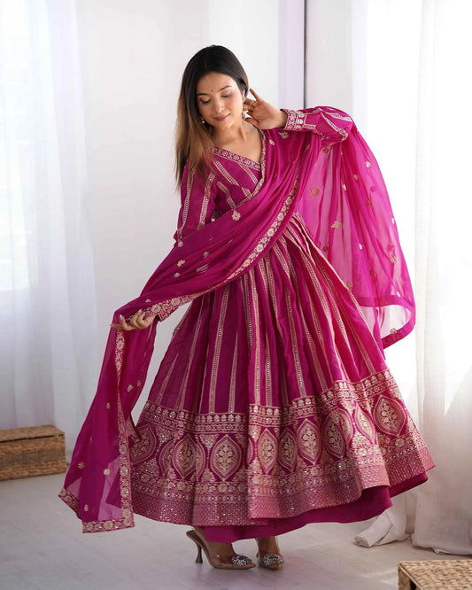 Dark Pink Georgette Sequins Embroidery Work Gown With Dupatta