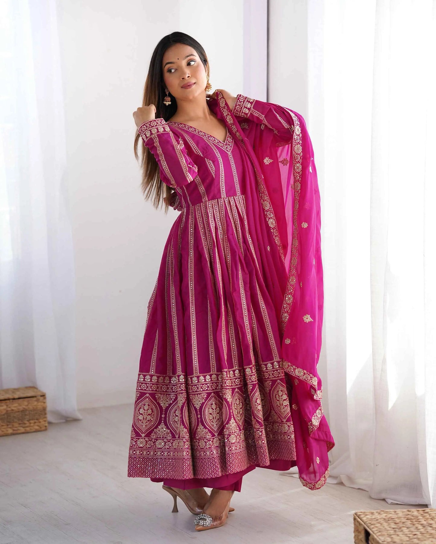 Dark Pink Georgette Sequins Embroidery Work Gown With Dupatta