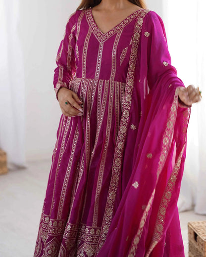 Dark Pink Georgette Sequins Embroidery Work Gown With Dupatta