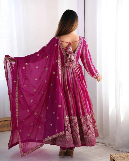 Dark Pink Georgette Sequins Embroidery Work Gown With Dupatta