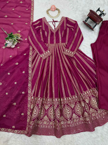 Dark Pink Georgette Sequins Embroidery Work Gown With Dupatta