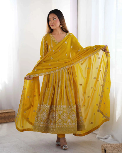 Dark Yellow Sequins Embroidery Work Georgette Gown And Dupatta