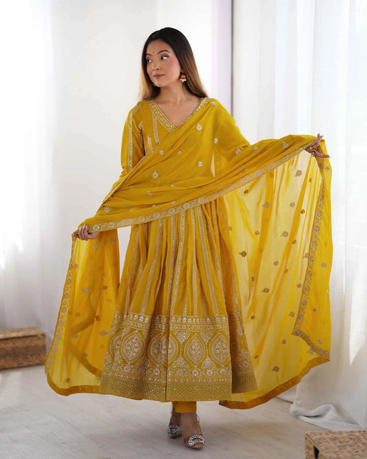 Dark Yellow Sequins Embroidery Work Georgette Gown And Dupatta
