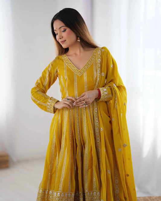 Dark Yellow Sequins Embroidery Work Georgette Gown And Dupatta