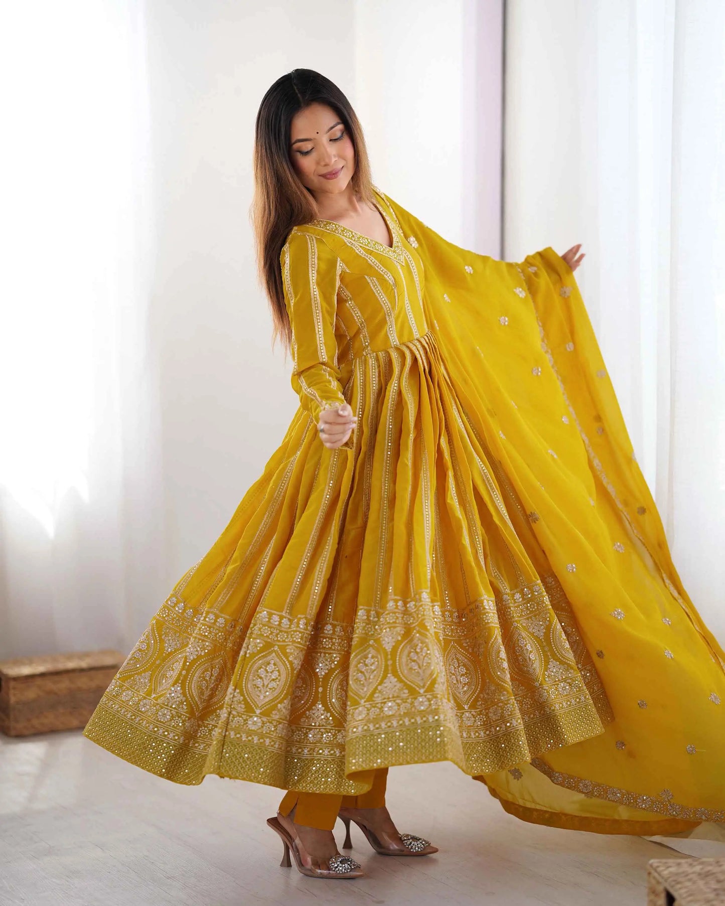 Dark Yellow Sequins Embroidery Work Georgette Gown And Dupatta