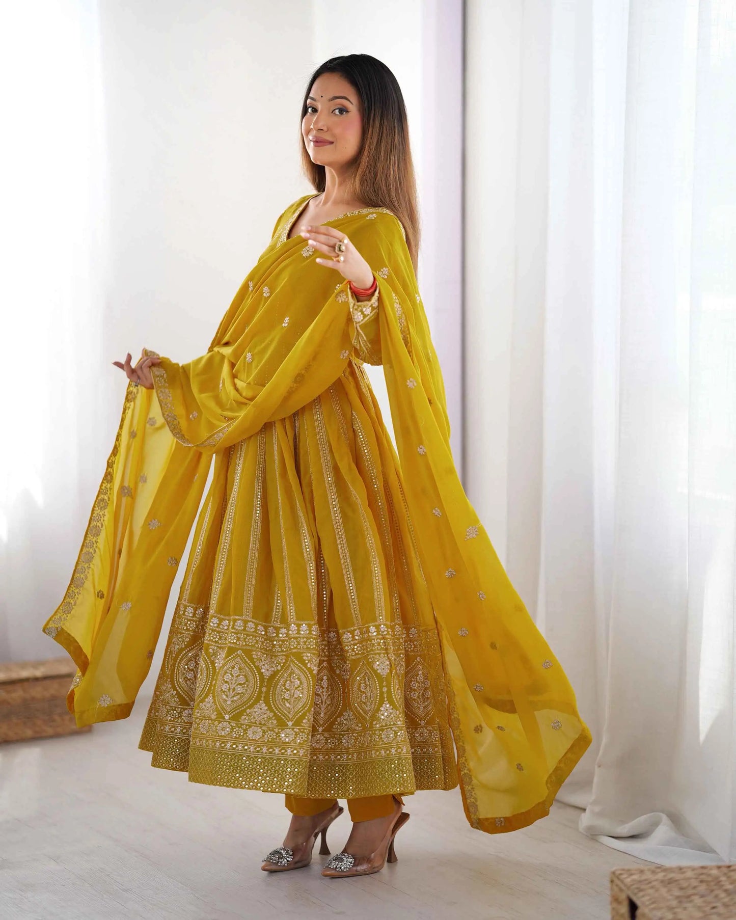 Dark Yellow Sequins Embroidery Work Georgette Gown And Dupatta