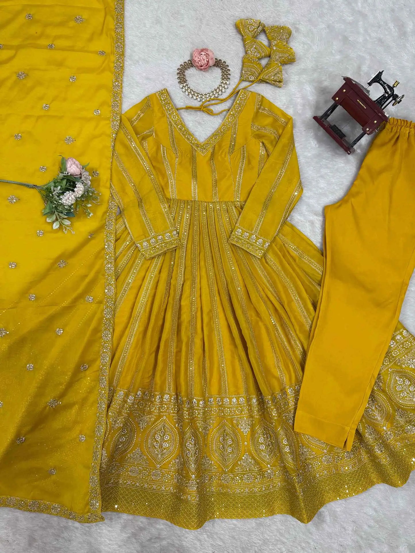 Dark Yellow Sequins Embroidery Work Georgette Gown And Dupatta