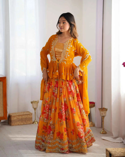 Yellowish Orange Floral print With Embroidery Work Lehenga With Koti
