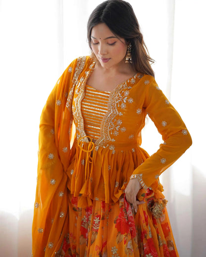 Yellowish Orange Floral print With Embroidery Work Lehenga With Koti