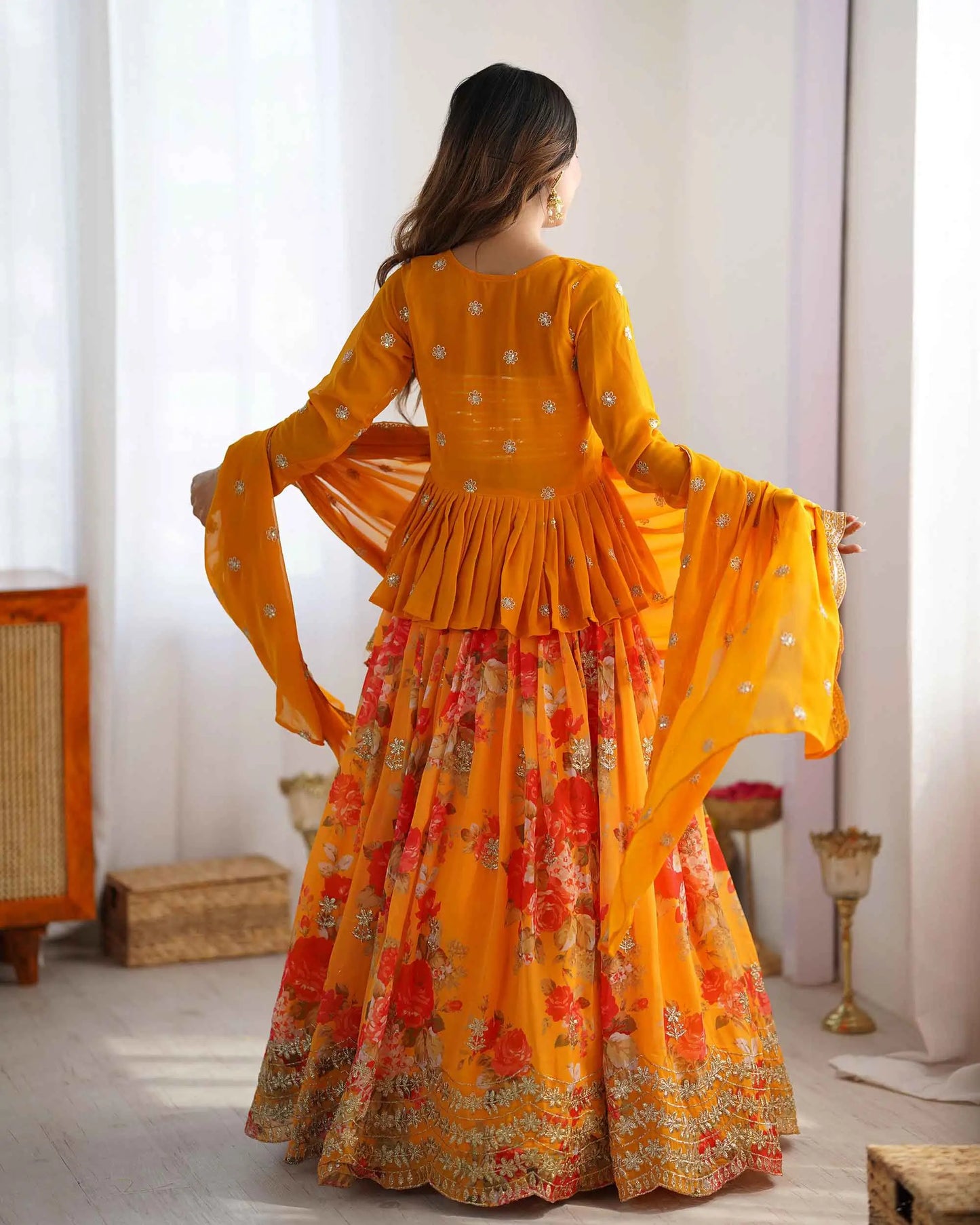 Yellowish Orange Floral print With Embroidery Work Lehenga With Koti