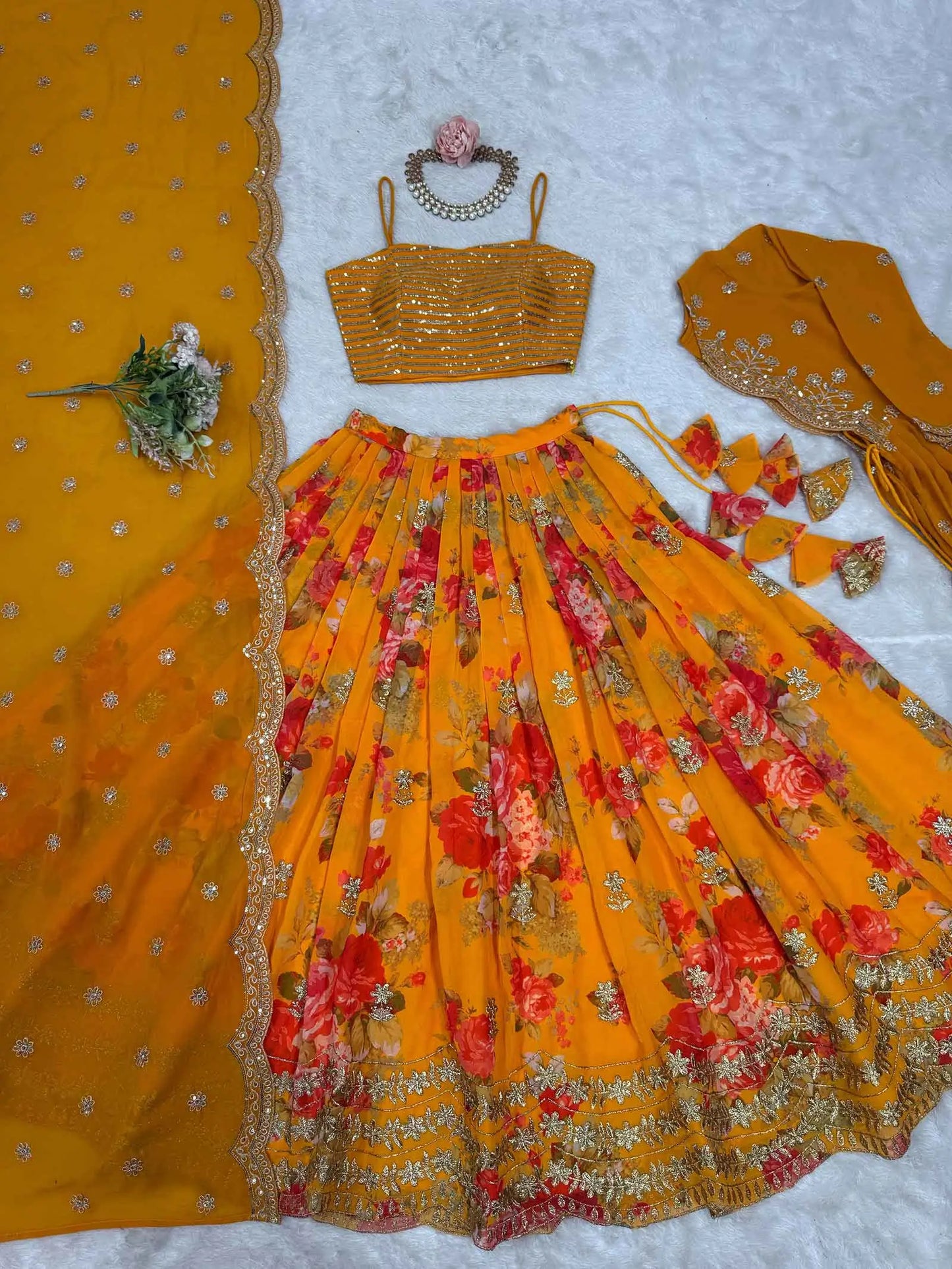Yellowish Orange Floral print With Embroidery Work Lehenga With Koti