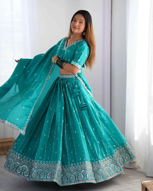 Dark Aqua Blue Sequins Embroidery Work Lehenga With Dupatta