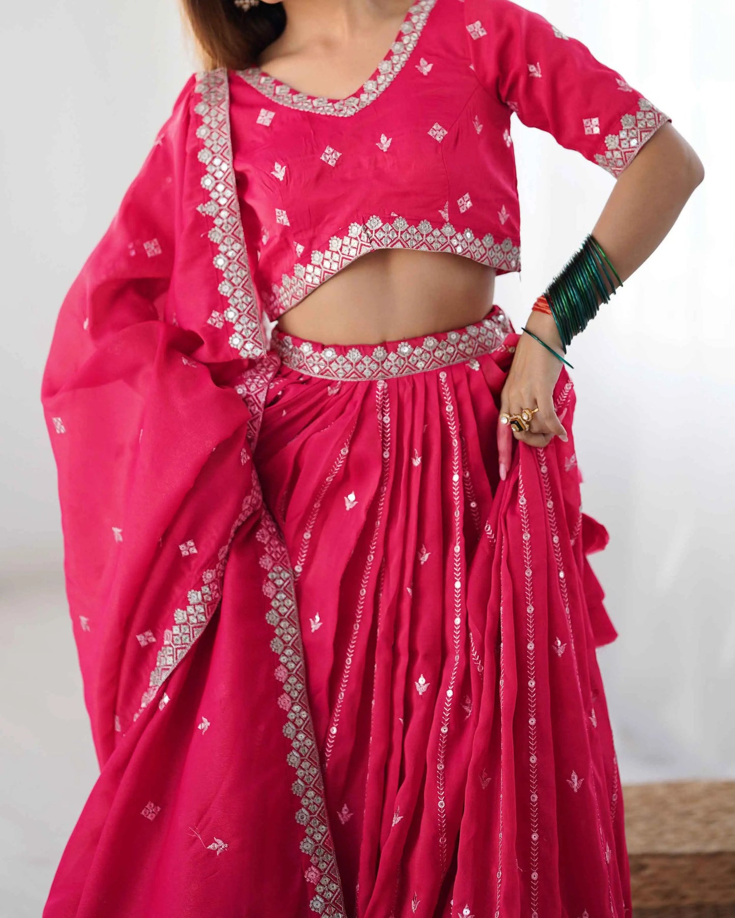 Red Pink Sequins Embroidery Work Lehenga With Dupatta